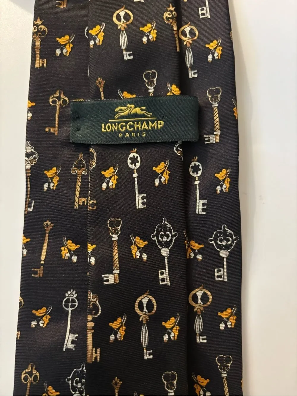 Vintage Longchamp Black Silk Tie with Gold and Silver Key Motif